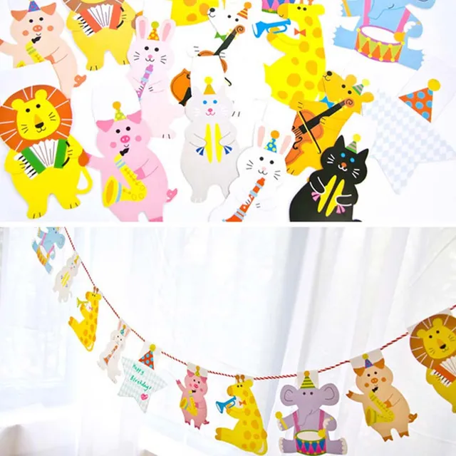 Jungle Animal Cute Pig Pennant Flags Kids First Happy Birthday Party