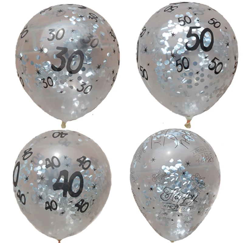 

5 Pcs/lot Creative Silver 30 40 50th Happy Birthday Age Confetti Filled Balloons Wedding Party Decor Balloons
