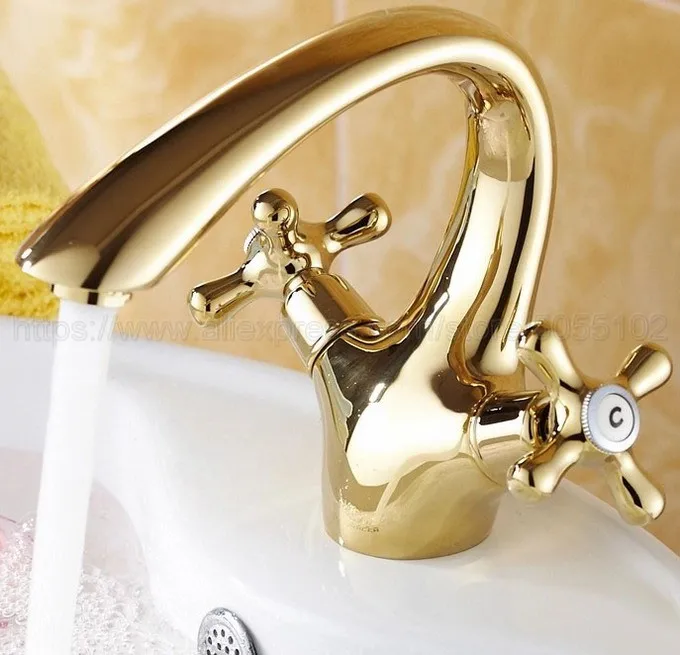 Gold Color Brass Bathroom Basin Faucet Lavatory Sink Tap Mixer Double Cross Handle Bath Tap Hot and Cold Mixer Tap znf231