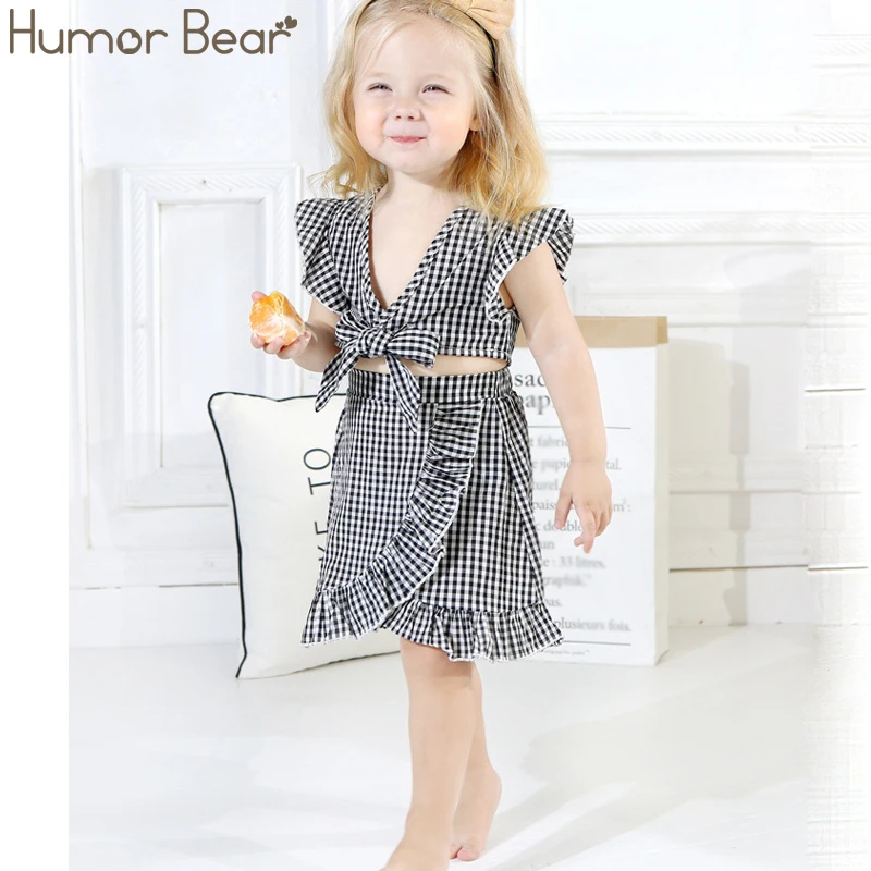 

Humor Bear Baby Summer New Clothing Fashion Bow Tie Plaid T-shirt + Irregular Skirt Children's Suit Dress Baby Girl Clothes