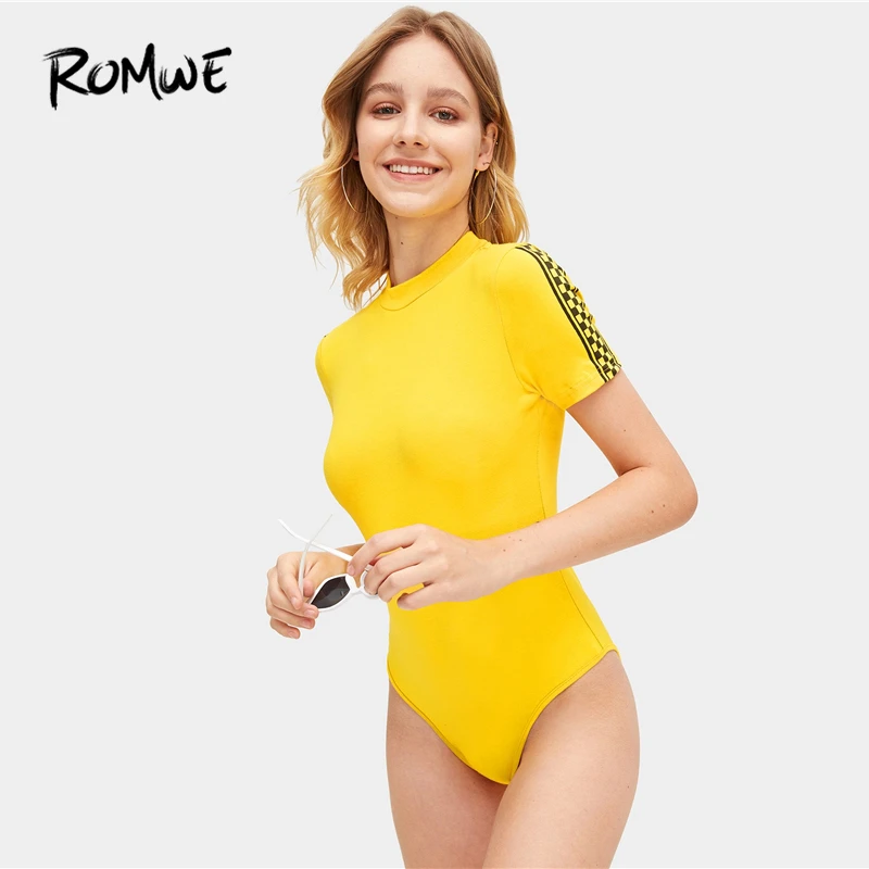 

ROMWE Yellow Mock Neck Check Print Sleeve Fitted Bodysuit Sexy Women Skinny Bodysuit Stand Collar Short Sleeve Bodysuit