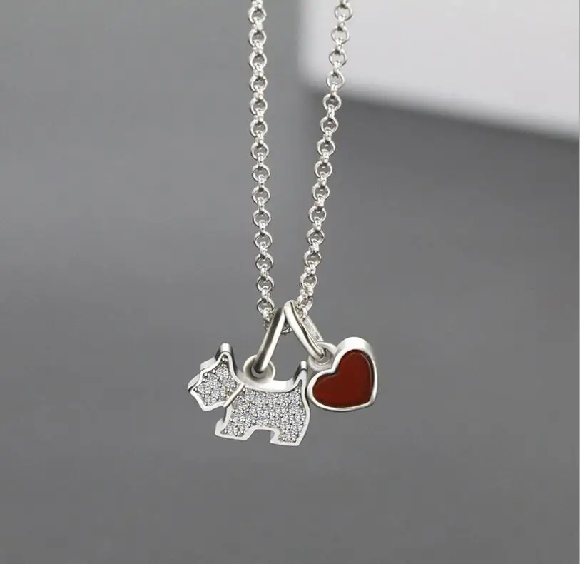 Neue Heiße 925 Sterling Silber Hund Charme Anhänger Halskette Rot herz Hund Halsband Aussage Halskette Beste Geschenk Für Frauen mädchen Preise
