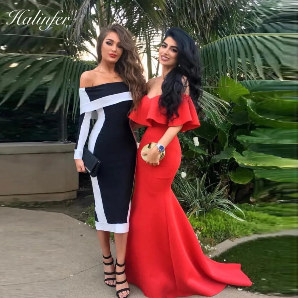 

Halinfer 2018 New summer women dress sexy Slash Neck Full Simple bodycon Rayon Bandage elegant celebrity party dress