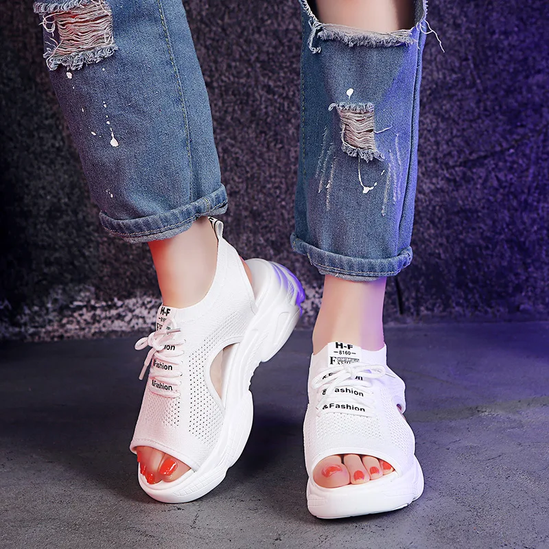 

Women White Sandals 2019 Summer Female Black Breathable Air Mesh Casual Flat Sandals Woman Beach Platform Sandalias WF279