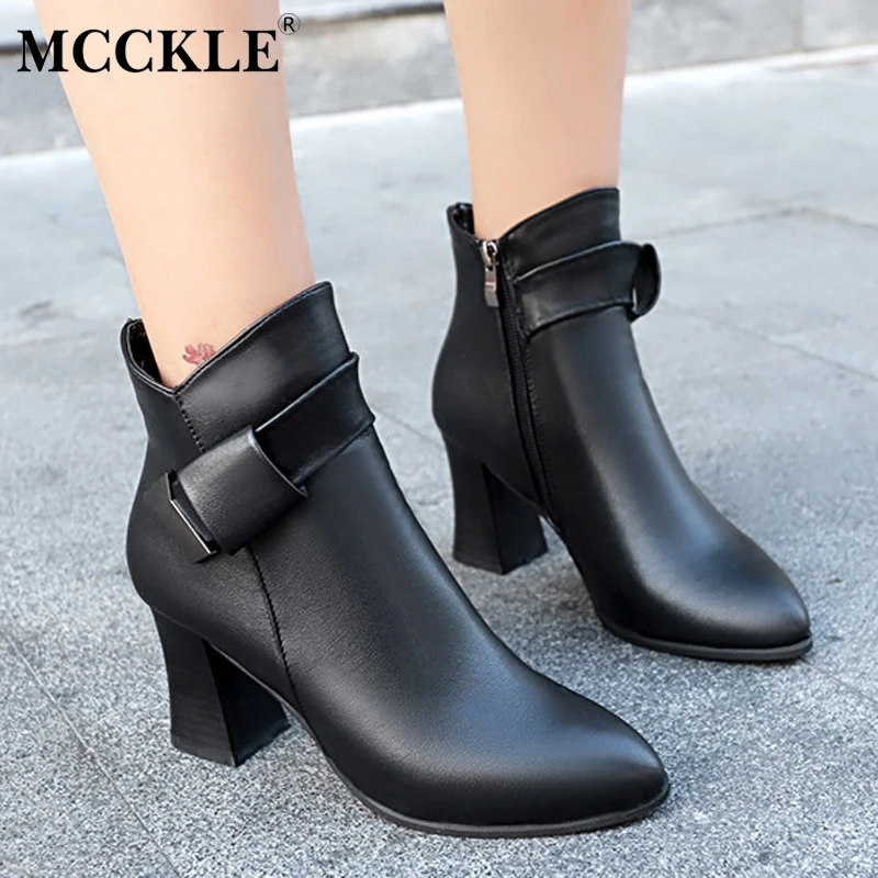 

MCCKLE Women Fashion Platform Block High Heels Ankle Boots Female Suede Zipper Pointed Toe Short Boots Ladies Office Shoes