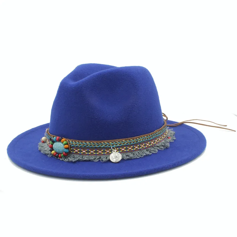 Blue Шерстяная Женская Шляпа Fedora с кисточкой богемная лента для элегантных леди Джаз церковная Панама Шляпы сомбреро размер 56-58 см - Цвет: Blue