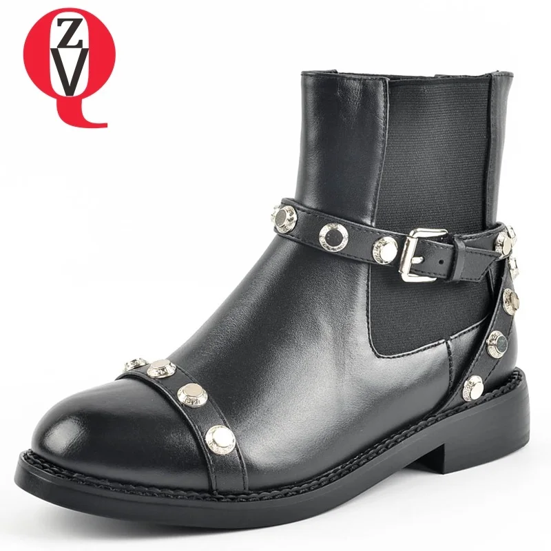 

ZVQ shoes women newest concise casual metal rivet round toe low square heel elastic band black chelsea boots winter warm booties