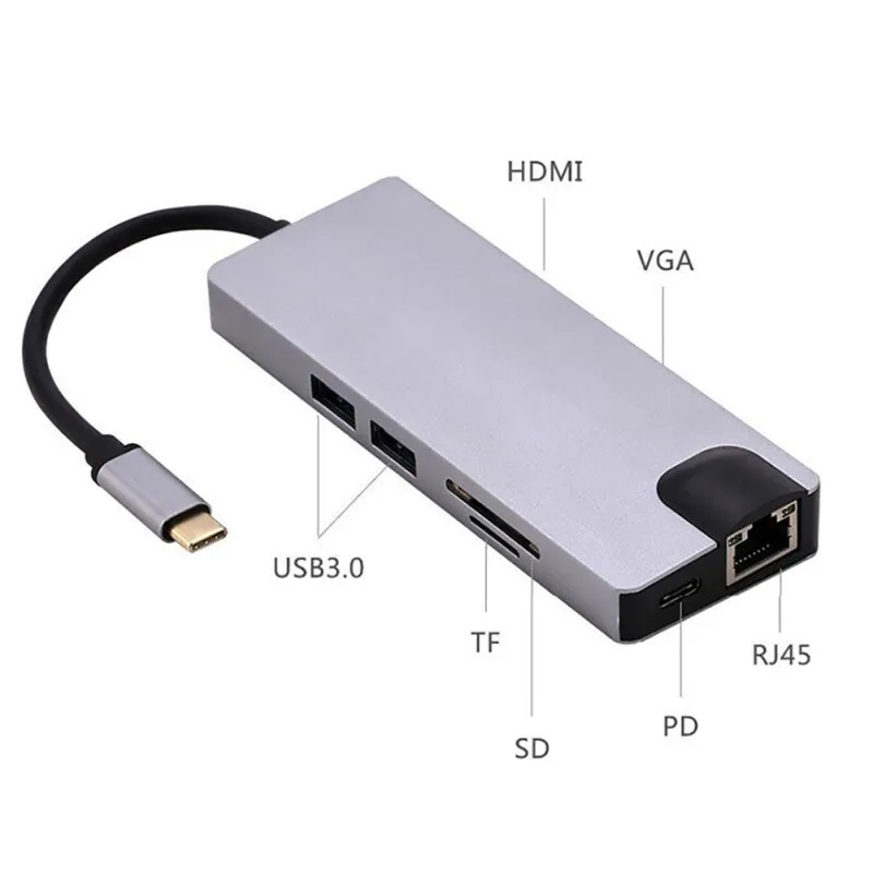 

8 in 1 Type C to SD TF USB3.0 HDMI VGA Ethernet Lan RJ45 Adapter Type C Hub Card Reader for Macbook