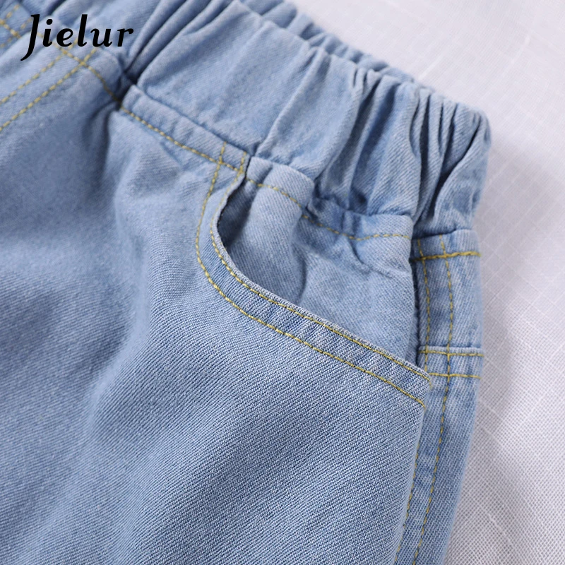 Jielur, шикарные S-5XL, Kawaii, кружевные джинсы, Mujer,, корейские короткие синие джинсы с высокой талией, эластичные модные джинсы размера плюс, Прямая поставка