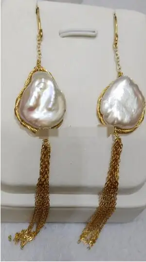 

Hot sale Free Shipping>>>>14-16mm white baroque South Sea Pearl tassel long earrings