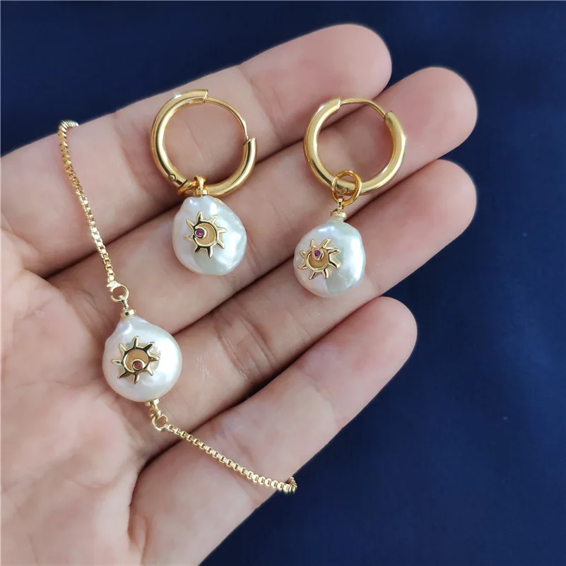 

tiny gold sun sunflower sunshine flower charm natual coin freshwater pearl bead delicate link bracelet hoop earring jewelry set