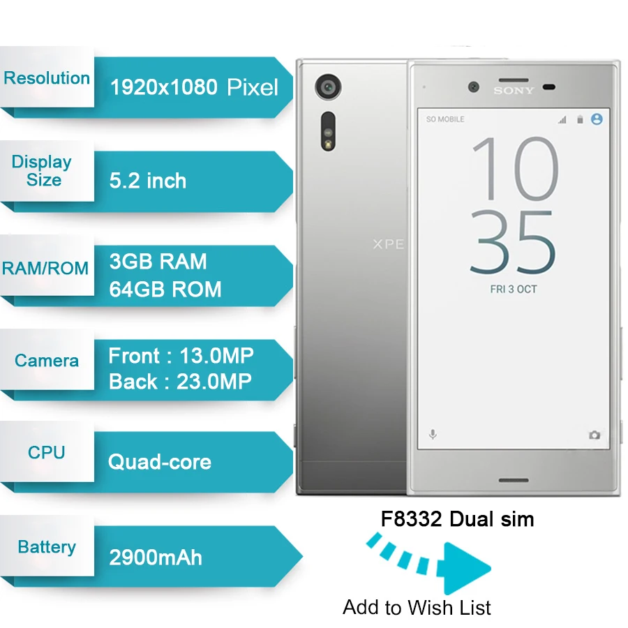 سوني اريكسون XZ F8332 المزدوج سيم 3 GB RAM 64 GB ROM رباعية النواة الروبوت 5.2 \