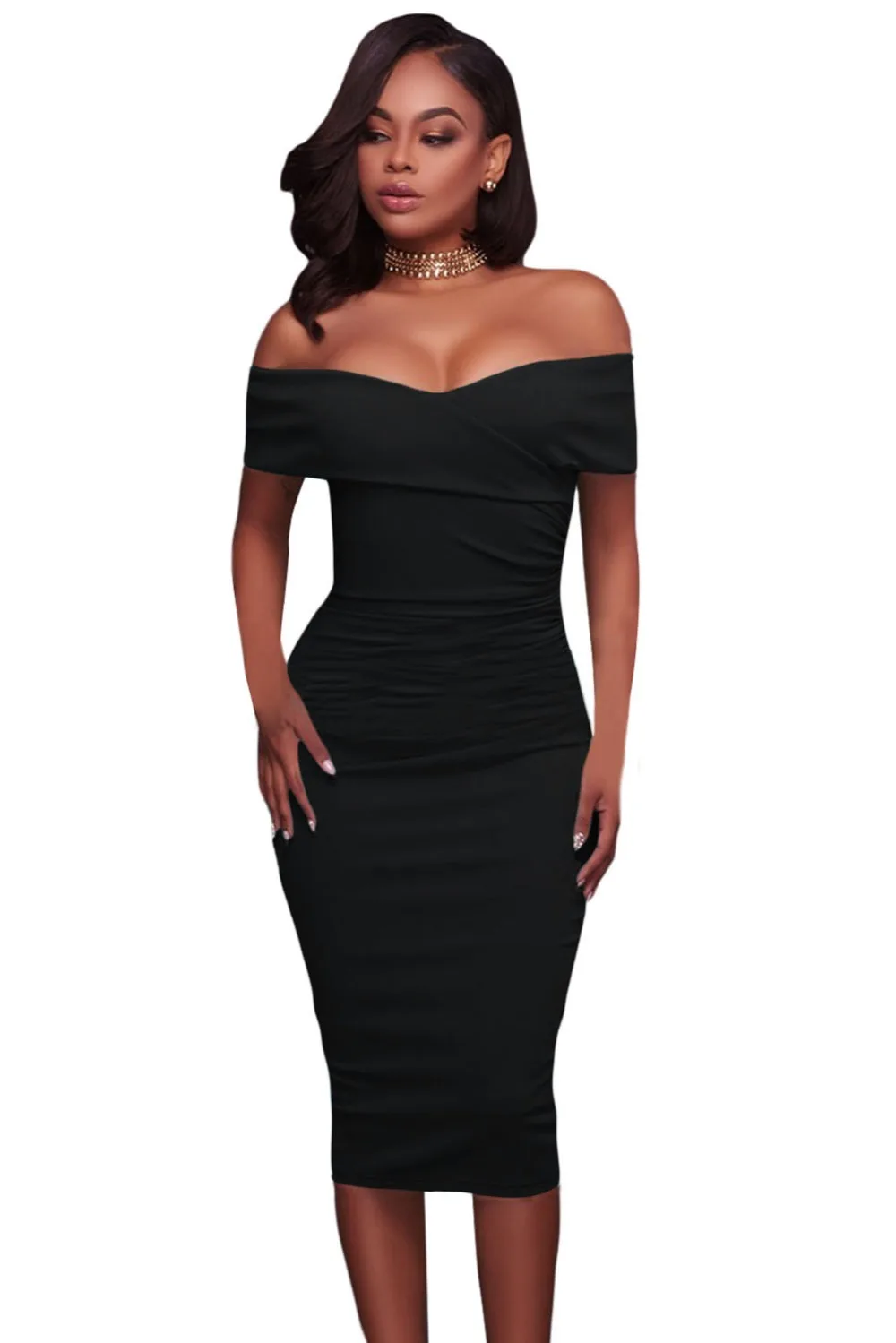 black off the shoulder bodycon midi dress