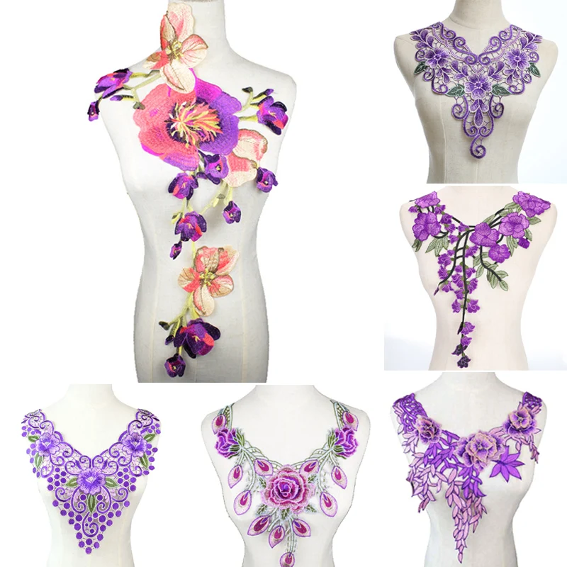 

1pc Purple Embroidery Rose Flower Lace Neckline Collar Fabric, DIY Lace Fabrics For Sewing Supplies Crafts