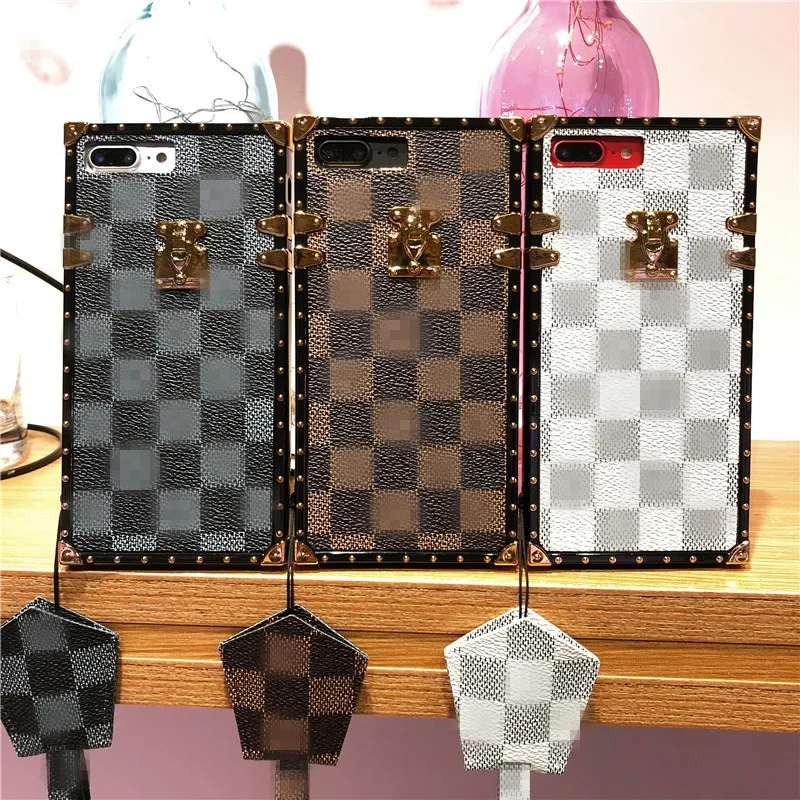 

Square Case For iPhone 8 7 Plus XS Max XR Cover Geometric lattice pattern PU Leather Back For iPhone 6S 6 Plus X Soft Case