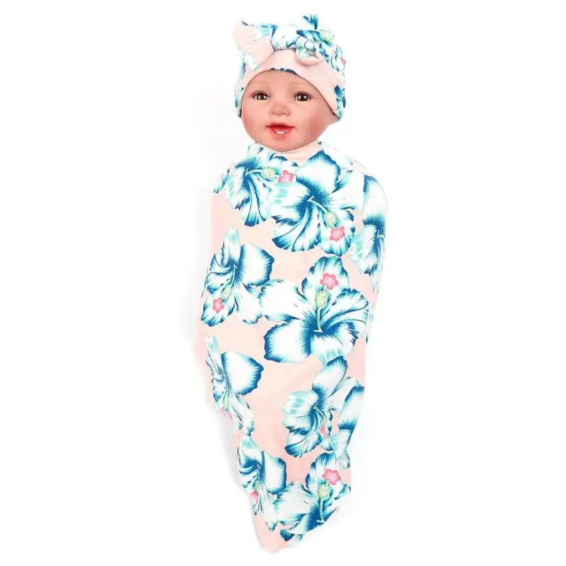 

2pcs/Set Colored Baby Retro Flowers Print Bowknot Hat Sleeping Blanket Wrap Swaddle Swaddle Muslin Wrap Fashion Headband