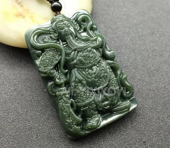 Красивый природный зеленый нефрит HeTian резной китайский амулет GuanGong подвеска Lucky +