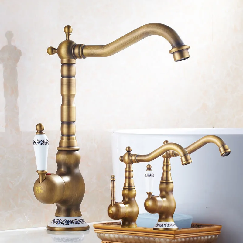 Modern Brass Ceramic Handle Bathroom Sink Mixer Faucet Antique Rotation Bathroom Kitchen Hot and Cold Water