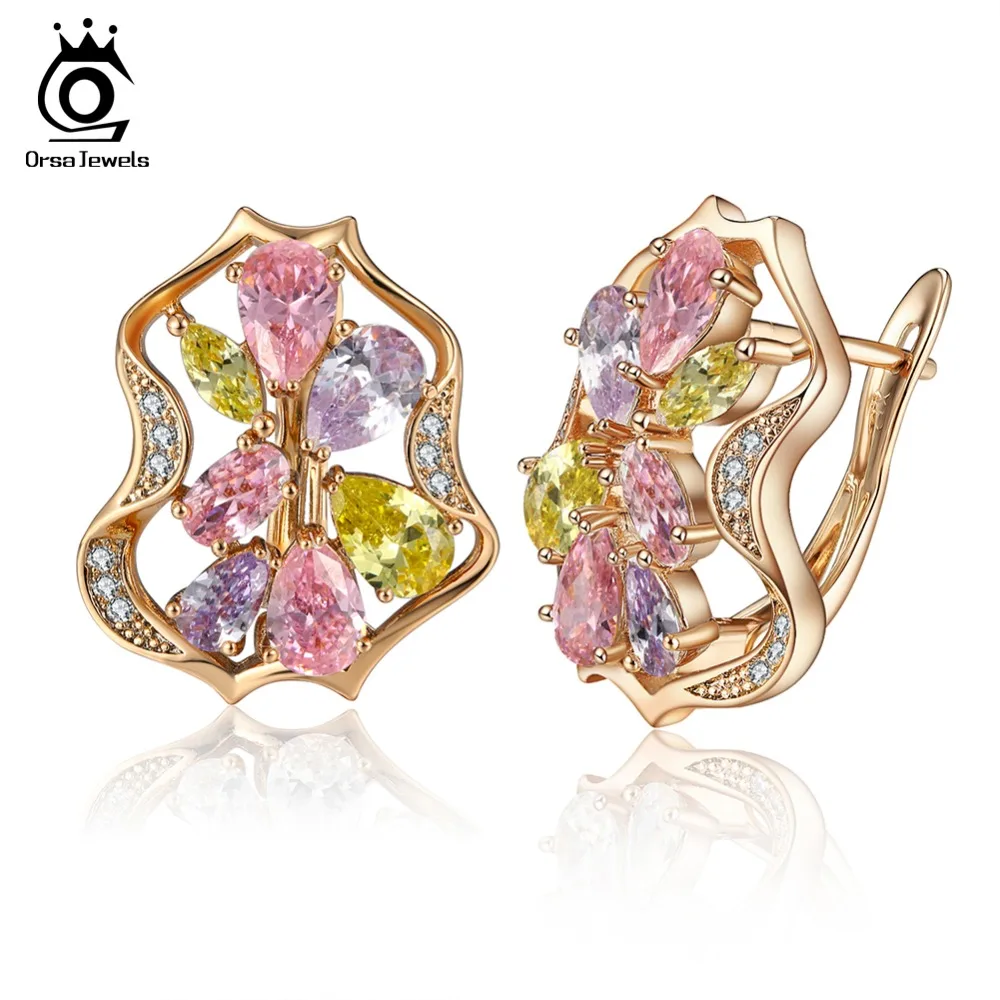 

ORSA JEWELS Gold-color Women Stud Earrings Multicolor&White AAA Cubic Zircon Unique Design Luxury Earring Fashion Jewelry OME55