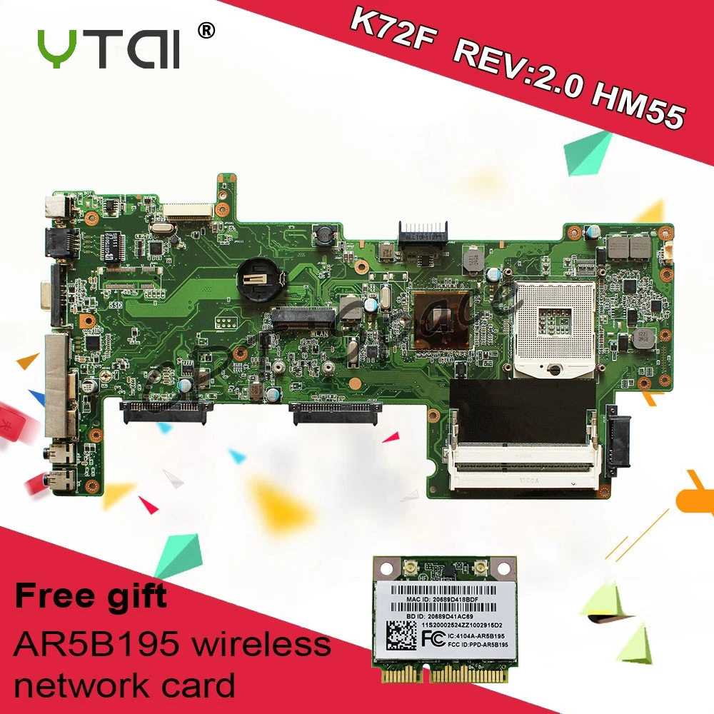 

K72F Motherboard REV2.0 For asus X72F K72F A72F laptop Motherboard HM55 100% tested Free gift AR5B195 wireless network card