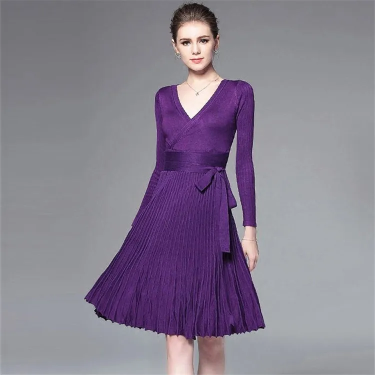 Повседневное платье для беременных, для похудения, длинный рукав, v-образный вырез, плиссированная трикотажная одежда для беременных, зимнее платье, длинный подол, корейский стиль - Цвет: Dark purple