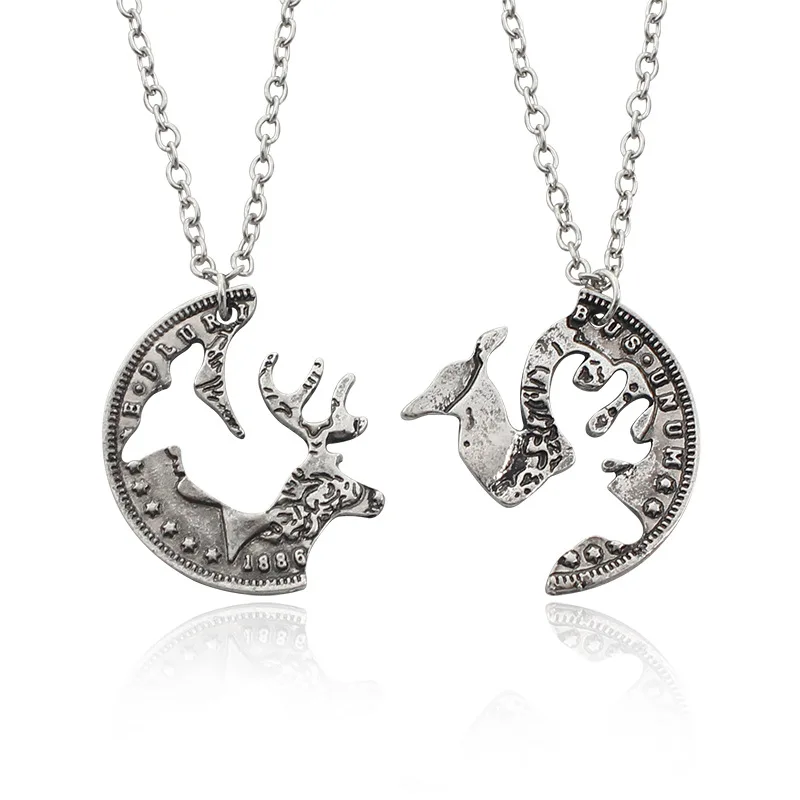 12Ssets/lot Retro hollow elk stitching necklace Trendy creative docking pendant girlfriends nest chain