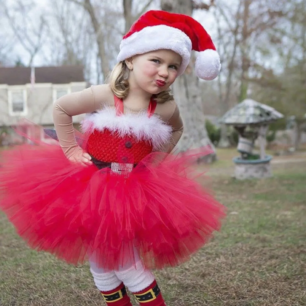Girls Christmas Santa Winter Dress with Feather and Sashes Handmade Red Puffy Dress for Kids Birthday Tutu Party Dress Clothes (14)