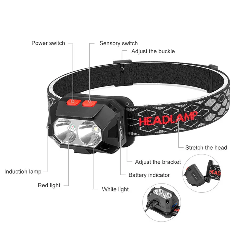 LED Induction USB Head Light Rechargeable Headlight Torch Headlamp Head Light Lamp Flashlight Built-in Battery Luminaria 40MR1108