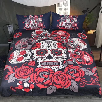 

Duvet Cover Red roses flowers skull and bones 3pcs British Style Family student dormitory Quilt cover pillowcase