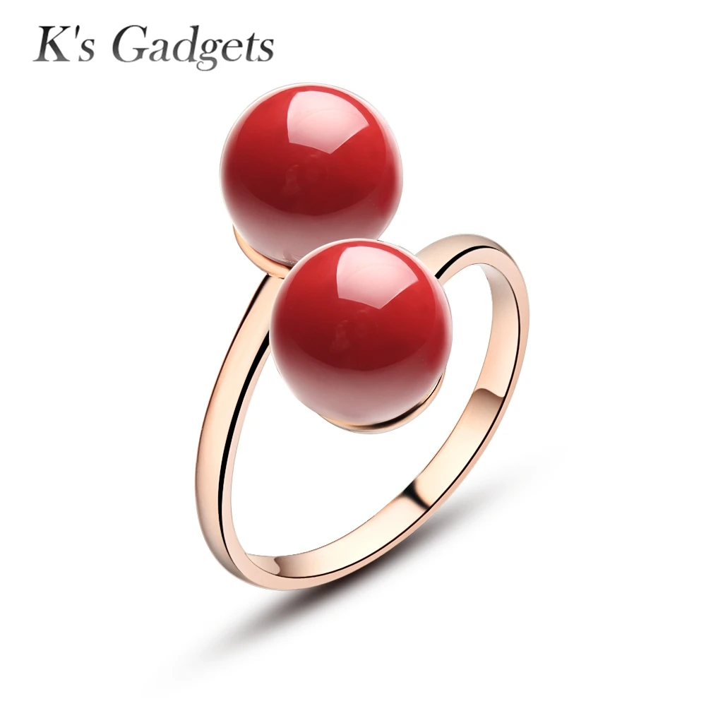 

K'S Gadgets Artificial Coral Ring Jewelry Double Ball Ring Rose Gold Color Adjustable Rings For Women Red Stone Anel Open Ring
