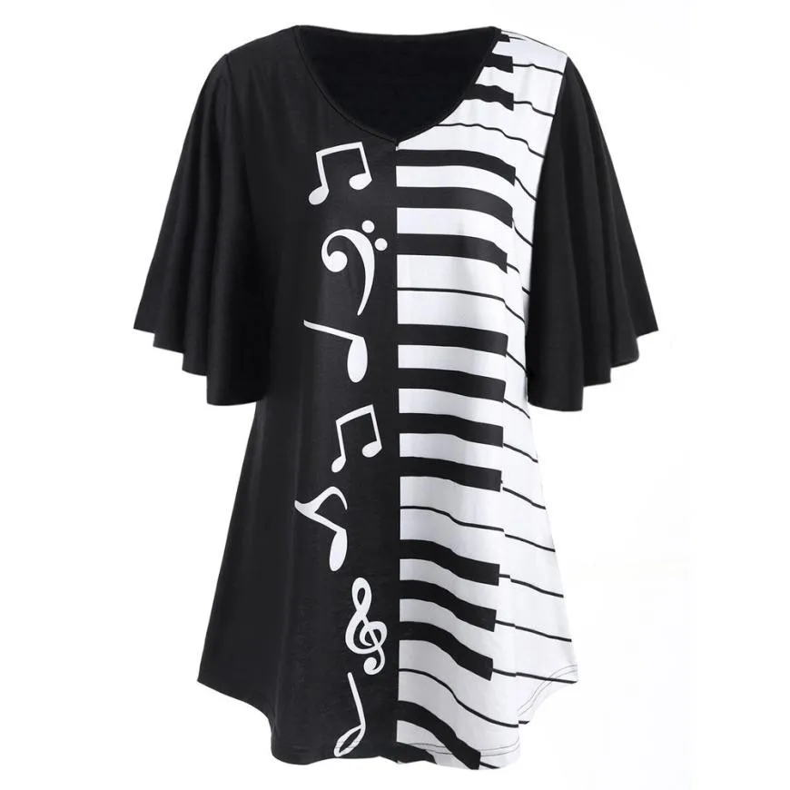 Women Tee Tops Musical Notes Print Tops Casual Loose Short Sleeved T