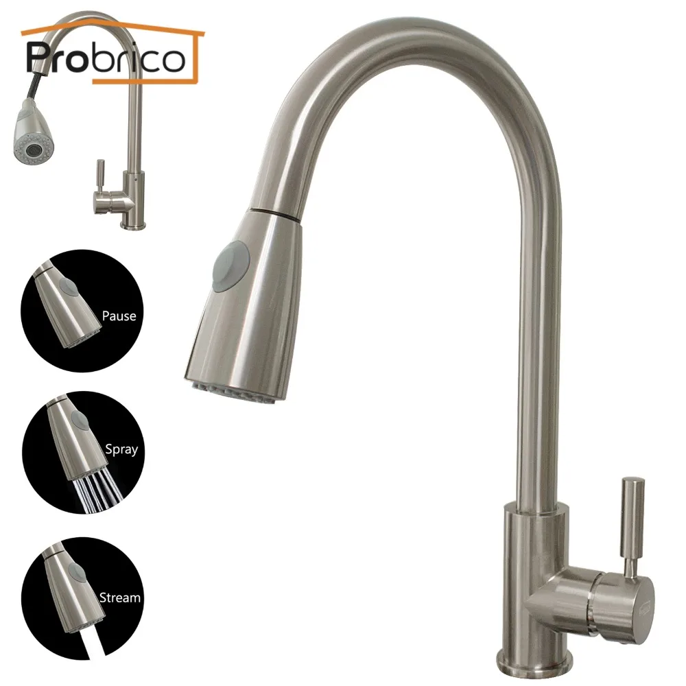 Probrico Brushed Nickel Mixer Water Tap Pull Out Down Swivel Spout Kitchen Sink Faucet Brass KFQY0202SN