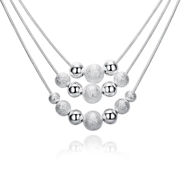 

Silver Necklace 925 Women Fashion 3 Layer Beads Necklaces & Pendants Link Chain 18 inch Wedding Party Gifts Bijoux