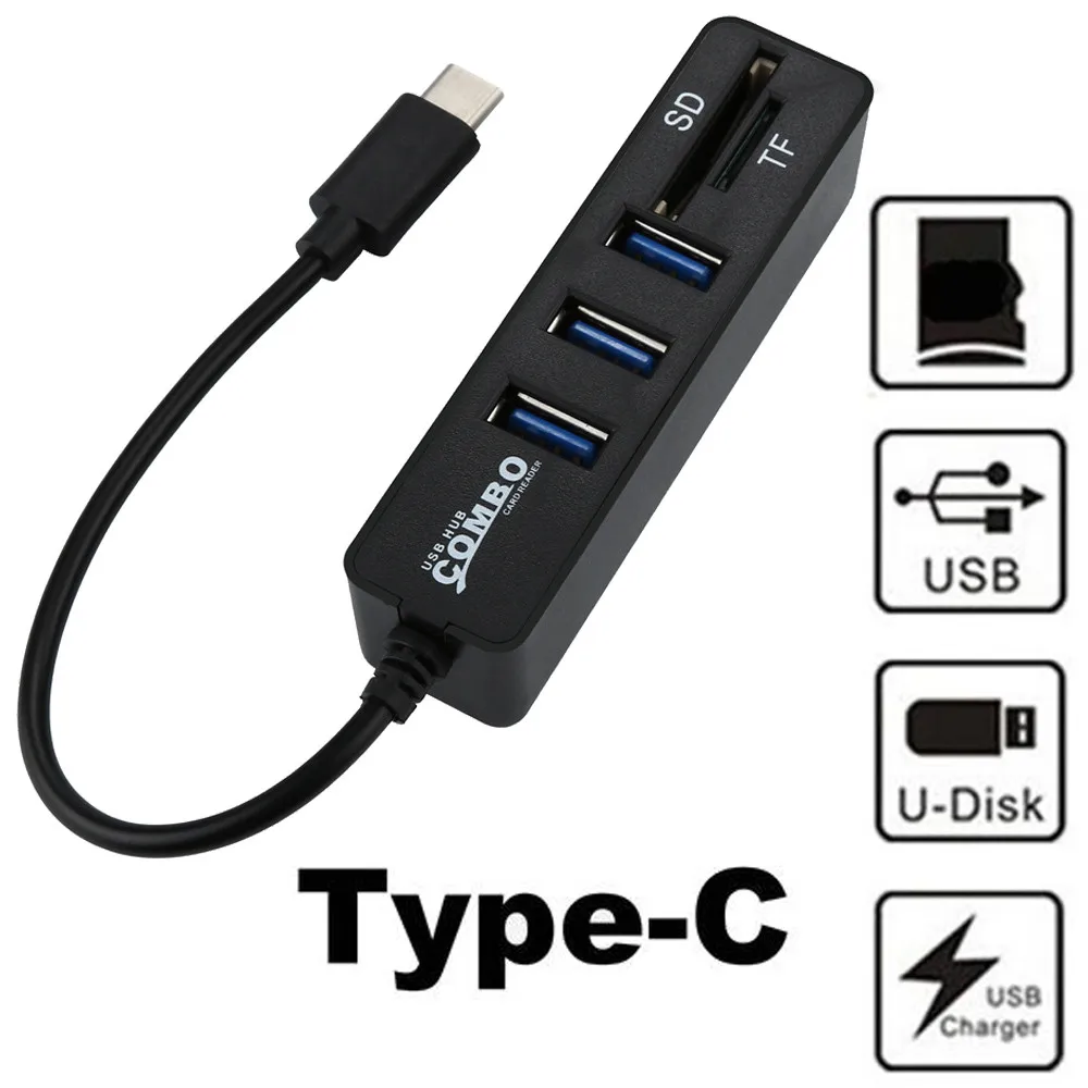 

Small Size Usb Hub 2 in 1 Type-C OTG USB 2.0 Hub Splitter Combo 3 Ports & SD/TF Card Reader