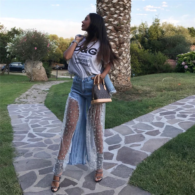 

Summer Fashion Star Sequined Mesh Stitching Jeans Women Fashion Wild-Leg Casual Ladies Long Irregular Perspective Jeans
