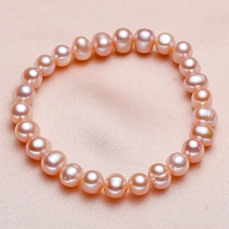 Настоящий натуральный 7-8 мм Розовый Пресноводный Культивированный жемчуг браслет на резинке 7,5 ''AAAAA