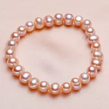 Настоящий натуральный 7-8 мм Розовый Пресноводный Культивированный жемчуг браслет на резинке 7,5 ''AAAAA