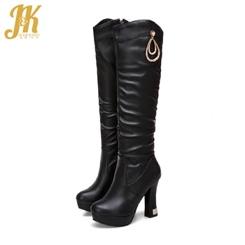 

JK Platform Boots Women High Heels Boot Ladies Knee High Round Toe Shoes Female Metal Pu Crystal Zip Shoes Winter 2019 New