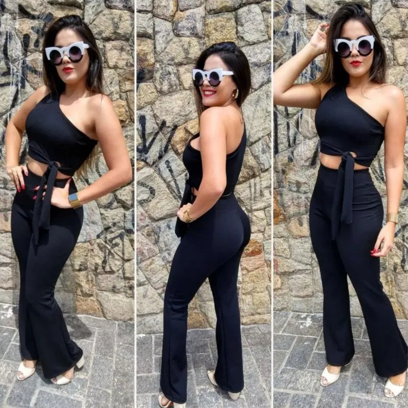 Sexy 2 Piece Set Women One Shoulder Crop Top And Wide Leg Pant Suits 2 Piece Set Summer Outfits Women's Sets