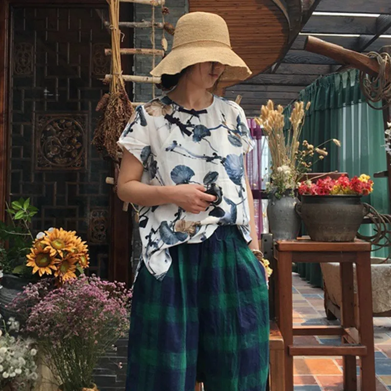 

Johnature New Short Sleeve Tops O-Neck Chinese Style Plate Buckle 2019 Summer Vintage Print Slit Loose 3 Colors Women Shirts