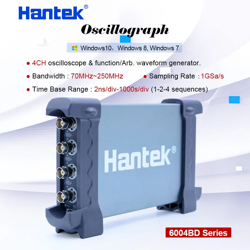 

Hantek PC Oscilloscopes 70MHz~250MHz 4CH USB handheld oscilloscope DDS/Arb Waveform Generator 6204BD/6254BD/6104BD/6074BD
