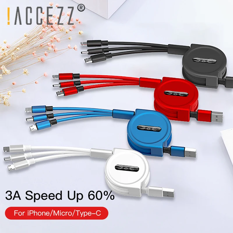 

!ACCEZZ 1.2M 3 in 1 Retractable USB Cable Fast Charging For iPhone X Type C Micro USB For Samsung S9 Xiaomi Mi5 Portable Cables