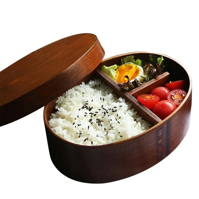 Japanese Bento Sushi Box Eco-friendly Wooden Bento Lunch Boxes Food Container with 3 Compartments Small Portable Oval Lunchbox for Kids Picnic Tableware (10)