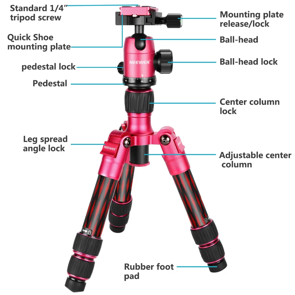 Neewer T350C Настольный красный штатив из углеродного волокна 20 дюймов/50 см с шаровой головкой 360 градусов, 1/4 дюймов Сумка для быстрой обуви