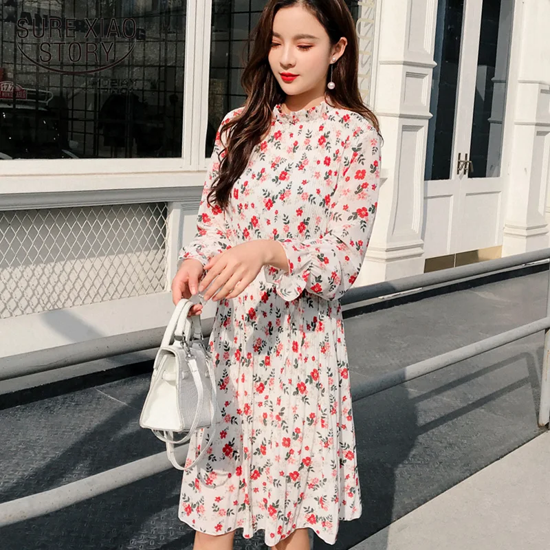

fashion women dresses 2019 high waist print chiffon Pleated women dress long sleeve evening party dress women clothes 3149 50