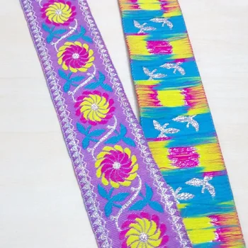 

50mm 5cm 2'' Purple Sunflower Flower Silver Wedged Filigree Costume Laciness Woven Embroidery Webbing National Jacquard Ribbon