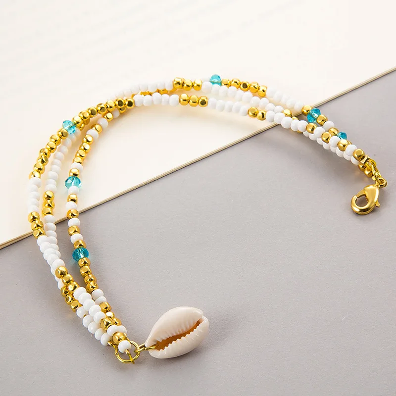 sloong new Boho Handmade bohemian style women beaded layered shell anklet set Beach Jewelry