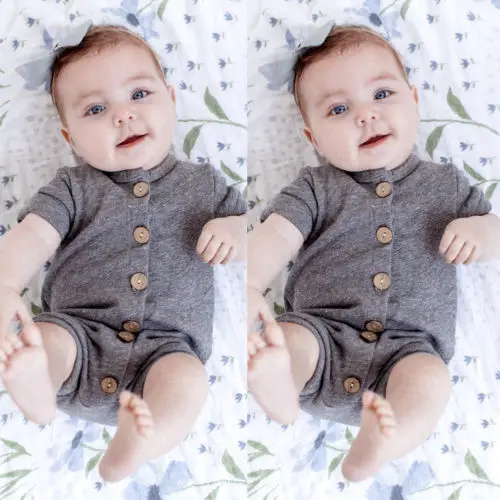 

High Quality Baby Boy Girl Infant Summer Romper Solid Color Button Jumpsuit Cotton Clothes Short Sleeve Summer New Rompers Hot
