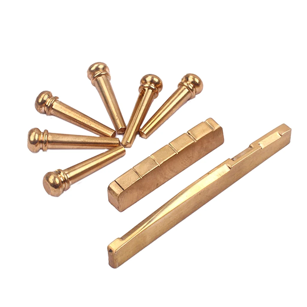 6 pieces Brass Bridge Pins + Nut Saddle Slotted for Acoustic Guitar Parts Gold New