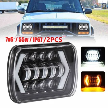 

2PCS 55W 7X6" 5X7" LED Headlight Halo DRL For 86-95 Jeep Wrangler YJ 84-01 Cherokee XJ Angel Eyes DRL H4 LED Square Headlights